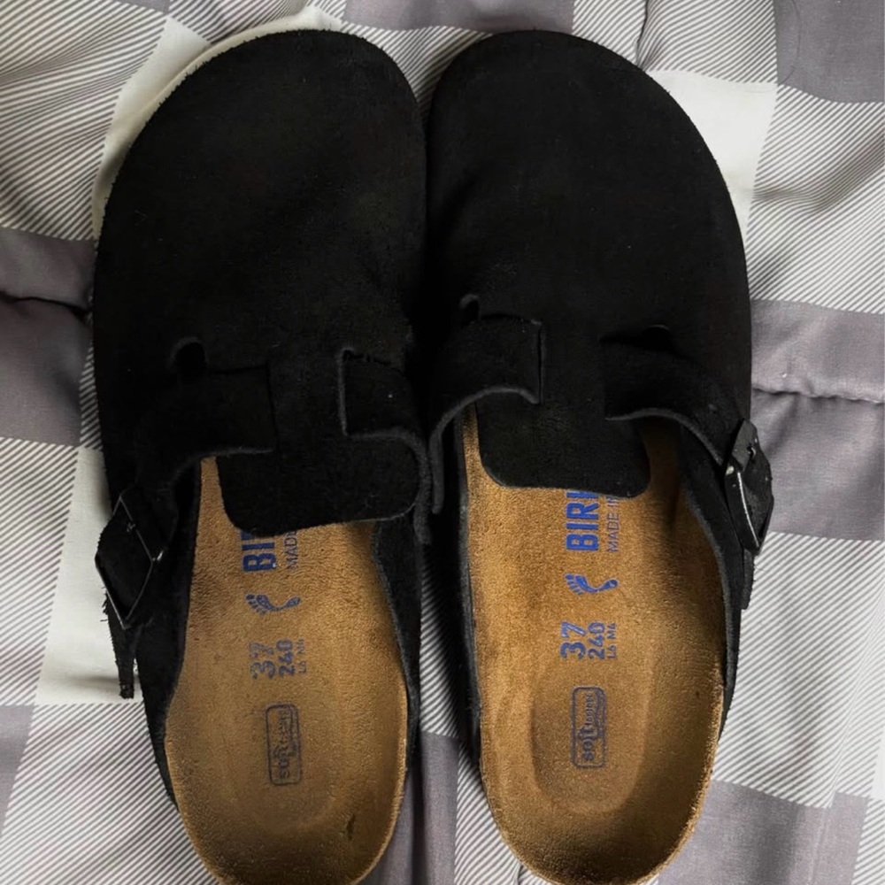 Birkenstock Black Suede Boston Clogs with Buckle
